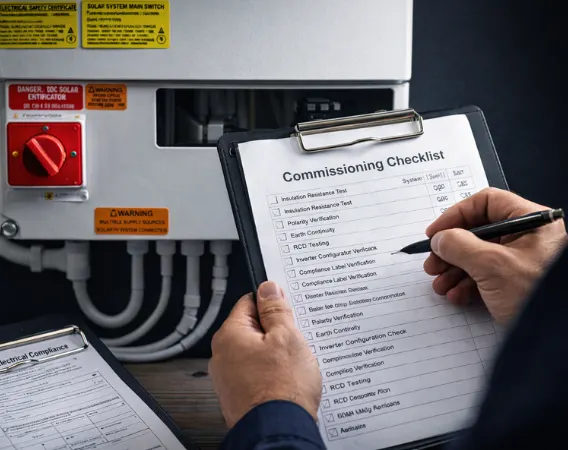 Solar and electrical compliance labels, certification documents, and commissioning records issued by Ares Energy after every installation, no short cuts, fully documented to Australian Standards