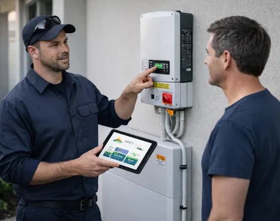 Ares Energy technician explaining solar system findings and honest recommendations to a homeowner in plain language, transparent advice with no unnecessary upselling
