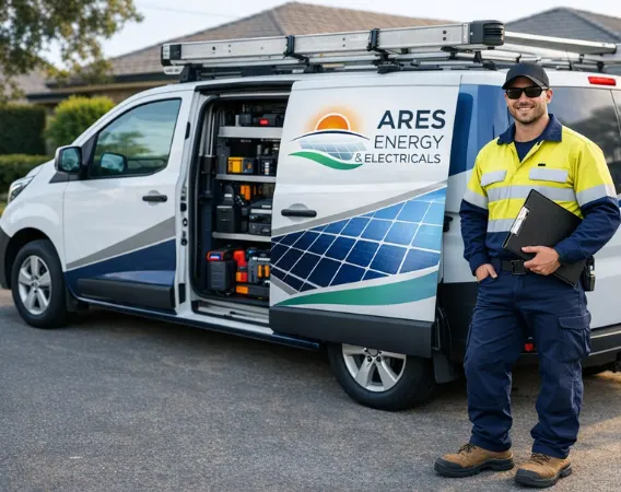 Ares Energy & Electricals SAA accredited, NETCC approved licensed electrician with branded service vehicle ready for residential, commercial and industrial jobs across Perth, WA