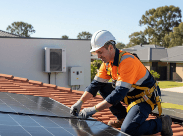 Electrician installing solar panels on a residential rooftop, wearing safety gear and helmet.