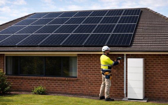 Solar battery correctly mounted and wired on garage wall with inverter integration and compliance documentation – Ares Energy & Electricals