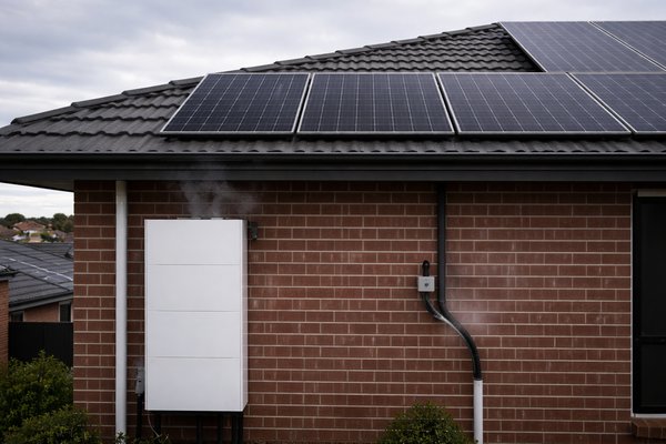 Non-compliant residential battery installation showing missing DC isolation and insufficient fire separation – fire and electrical hazard risks in Perth homes