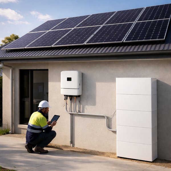 Licensed electrician completing wall-mounted solar battery installation and full system commissioning – Ares Energy & Electricals