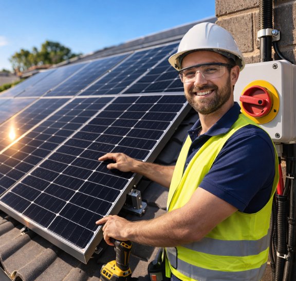 Licensed electrician completing a DC isolator safety upgrade on a residential solar system – Ares Energy & Electricals, Perth WA