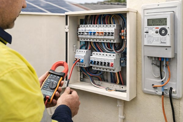 Licensed electrician upgrading a residential switchboard with modern circuit breakers and safety switches – Ares Energy & Electricals