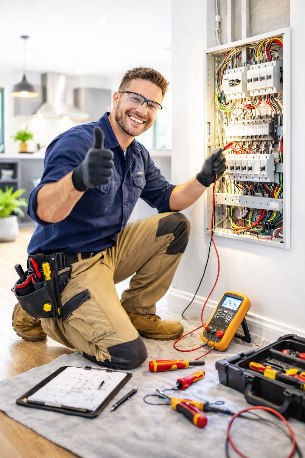 Licensed electrician diagnosing an electrical fault using test equipment and thermal camera in an Perth home – Ares Energy & Electricals