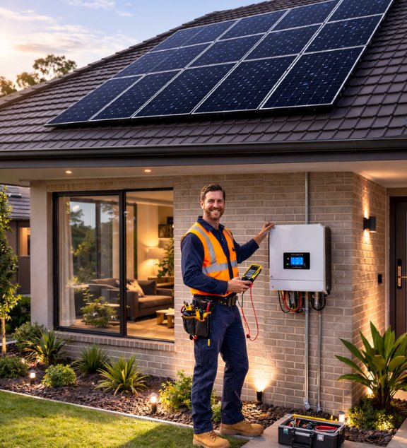 Ares Energy technician inspecting a solar inverter on a residential property – solar inverter repair Perth WA