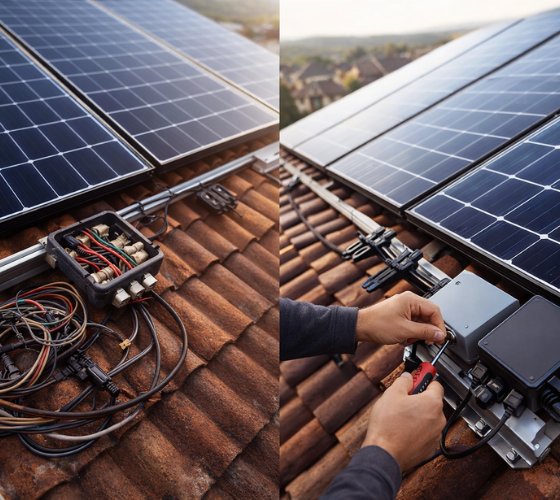 Solar repair technician correcting a faulty installation originally carried out by another company – Ares Energy & Electricals