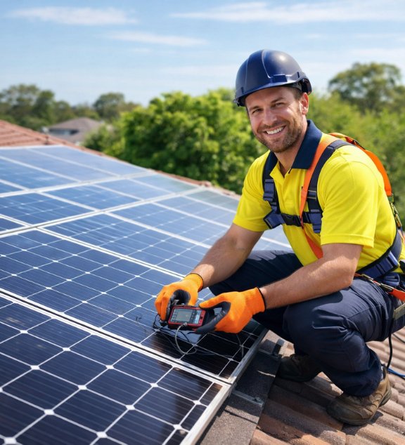 Licensed solar technician carrying out routine rooftop solar panel maintenance and system inspection – Ares Energy & Electricals, Perth WA