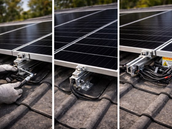 Solar panel array being installed on tiled rooftop by Ares Energy technician – Ares Energy & Electricals