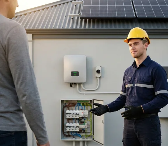 Licensed solar electrician performing compliance inspection on residential inverter and battery system in Perth, WA